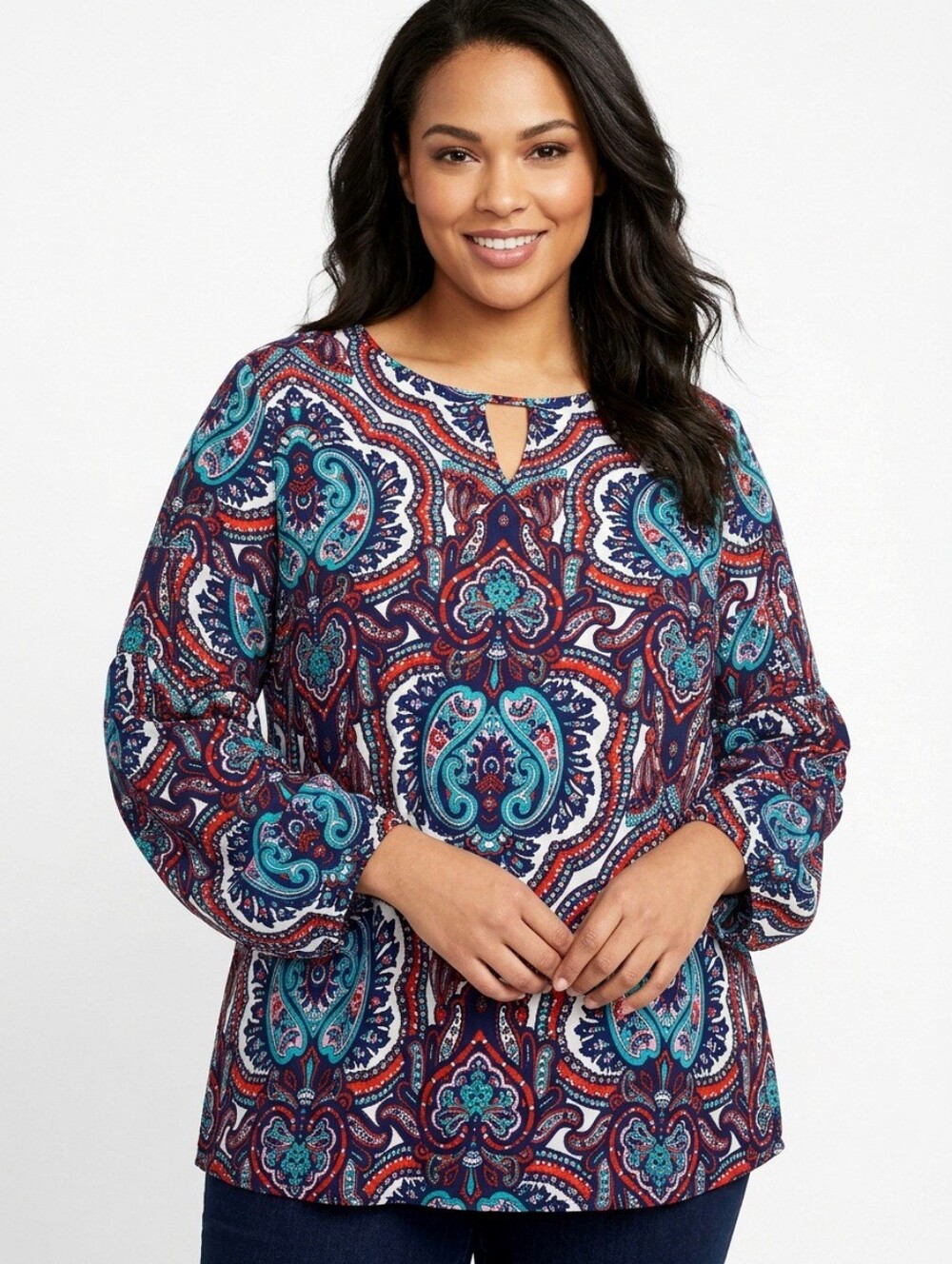 Talbots Paisley V-Neck Tunic Top - Blue, Purple, Teal